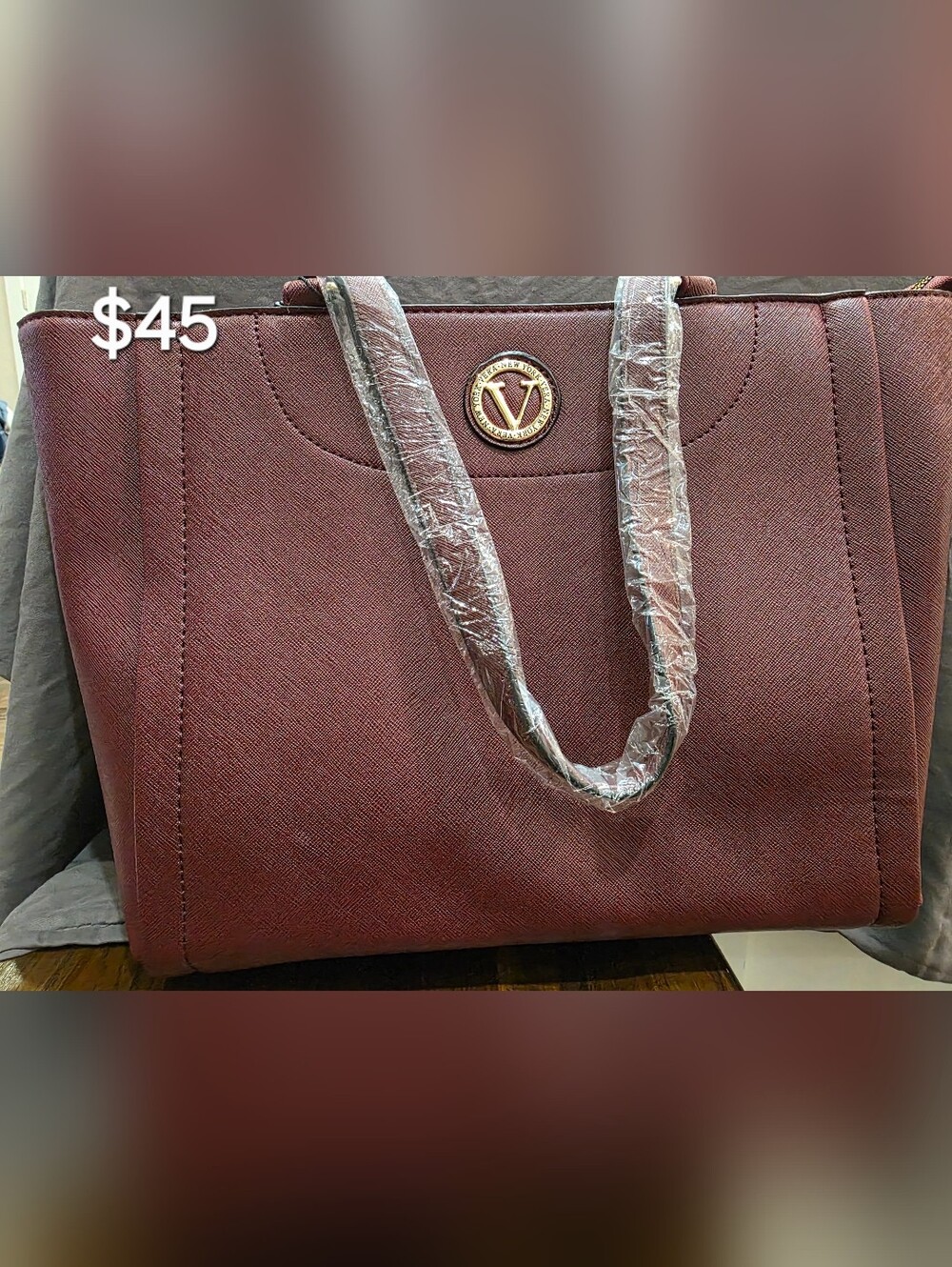 Structured Burgundy Tote with Gold Emblem